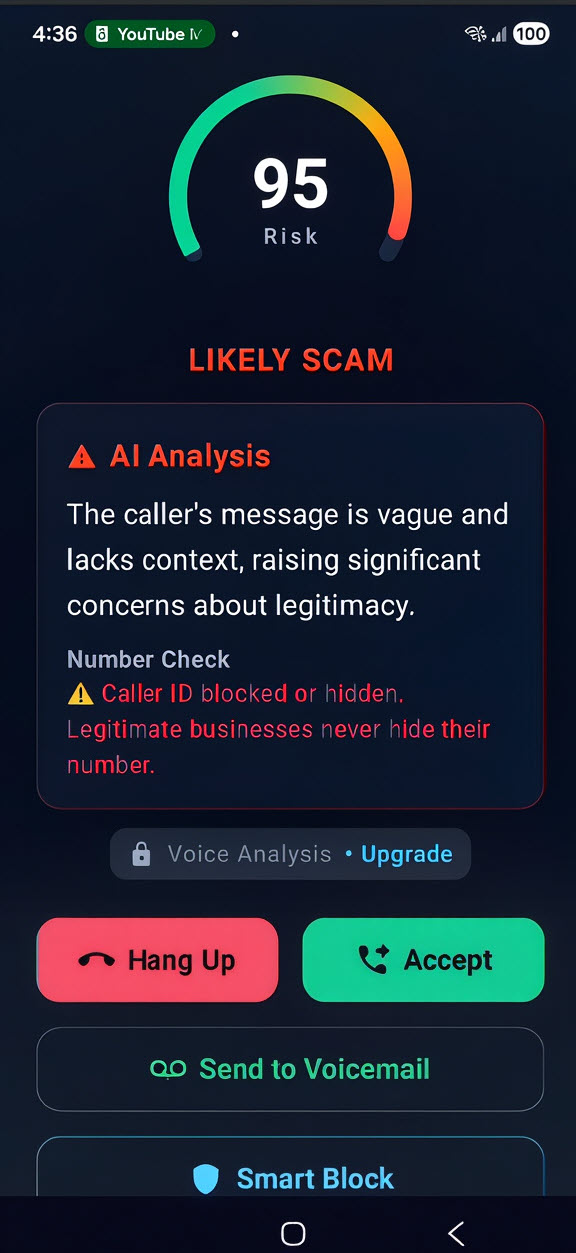 CallScreenr AI Analysis Screen showing live risk monitoring